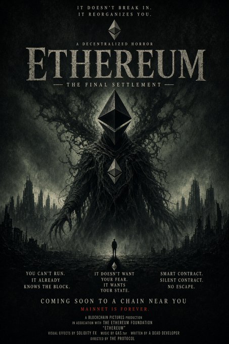 The image is a horror movie-style poster titled "ETHEREUM: THE FINAL SETTLEMENT," featuring a looming, shadowy figure with the Ethereum logo as its head, towering over a tiny human silhouetted against a devastated cityscape. The tagline reads "It doesn't break in. It reorganizes you," with warnings like "Smart contract. Silent contract. No escape" and "Coming soon to a chain near you." 

The poster satirically ties into the post's bearish outlook on $ETH, dramatizing fears of a looming "final settlement" by personifying Ethereum as an unstoppable, horror-movie-level threat to investors.