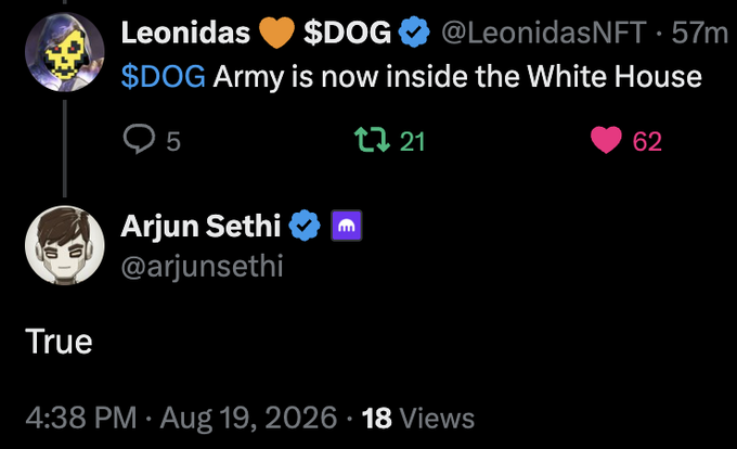 A Twitter/X post exchange where Leonidas (@LeonidasNFT) announces '$DOG Army is now inside the White House' and Arjun Sethi (@arjunsethi) replies 'True'.