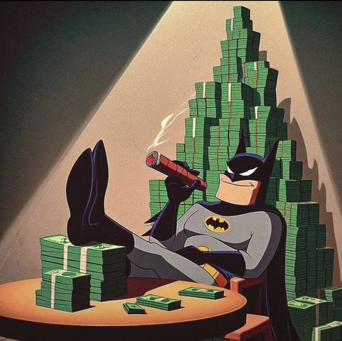 A cartoon illustration shows Batman relaxing in a chair, smoking a cigar, surrounded by large piles of stacked cash under a spotlight.