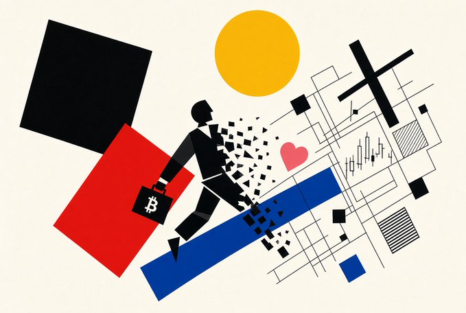 A Bauhaus-style illustration of a figure in a suit holding a Bitcoin briefcase walking amid geometric shapes including black, red, and blue rectangles, a yellow circle, and a pink heart.