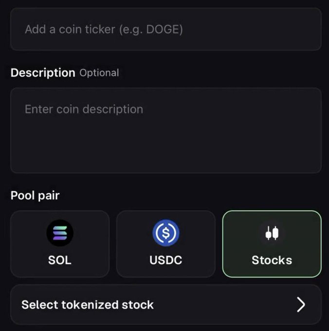 The image shows a token creation interface on Pump.fun, featuring fields to add a coin ticker, an optional description, and a "Pool pair" selection where "Stocks" is highlighted as the chosen pairing option alongside SOL and USDC, with a prompt to "Select tokenized stock" below. This directly illustrates the post's point that creators can now launch tokens paired against tokenized stocks instead of the traditional SOL/USDC setup.