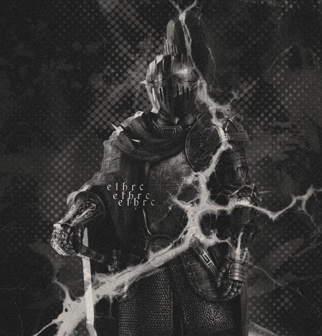 A dark, stylized digital artwork depicting an armored figure, possibly a knight, surrounded by white lightning-like effects with the text "elhfr elhfrc elhfrc".