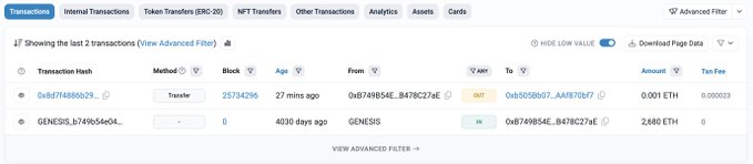 A blockchain transaction dashboard displays a "GENESIS" address (0xB749B4AE...B478C274E) showing two transactions: a recent outbound transfer of 0.001 ETH (Tx 25734296, 27 mins ago) and the original inbound genesis transfer of 2,680 ETH from 4030 days ago, visually confirming the wallet's long dormancy.