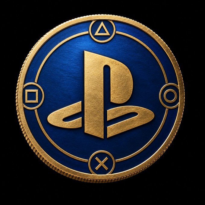 A gold and blue PlayStation coin/medallion featuring the iconic PS logo surrounded by the four controller button symbols (triangle, circle, cross, square).