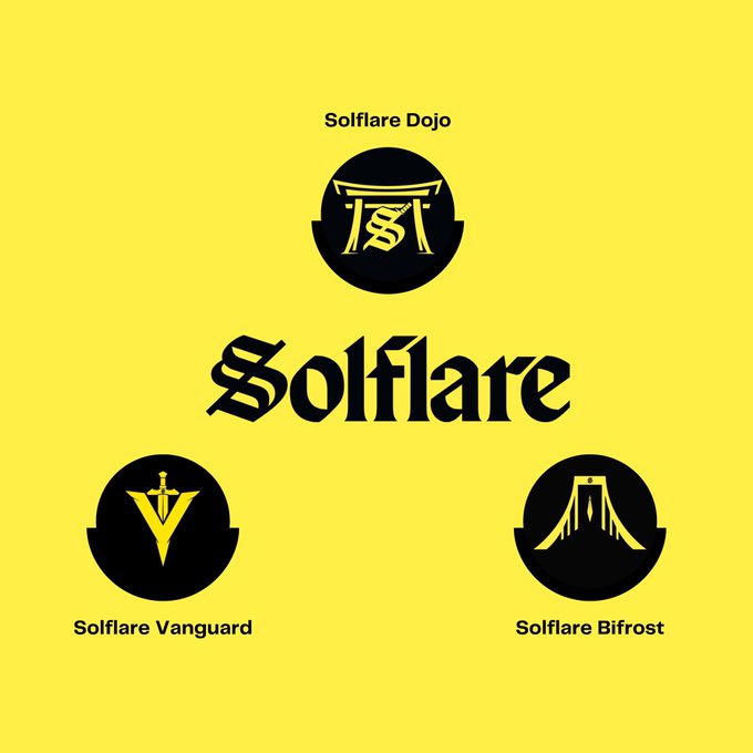 A yellow graphic displaying 'Solflare' in a gothic font in the center, surrounded by three circular logos labeled 'Solflare Dojo', 'Solflare Vanguard', and 'Solflare Bifrost'.