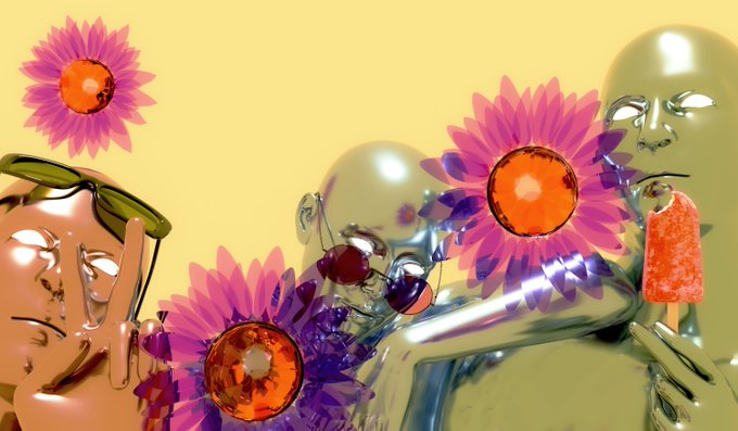 A 3D-rendered artistic image showing metallic humanoid figures in rose gold and silver tones posed with pink and orange flowers against a yellow background, with one figure holding a red popsicle.
