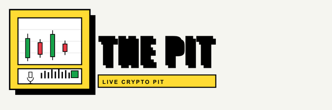 A retro-style pixel art logo featuring a yellow computer monitor displaying a candlestick chart, accompanied by the bold black text "THE PIT" and a yellow banner reading "LIVE CRYPTO PIT".