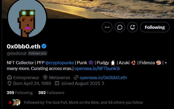 A Twitter/X profile for '0x0bb0.eth' (@0x0bb0) describing themselves as an NFT Collector with PFPs including Cryptopunks, Pudgy, Azuki, and Fidenzas, with 355 Following and 392 Followers.