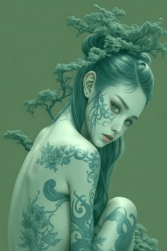 A digital artwork depicts a pale-skinned woman with intricate dark tattoos covering her face and body, her hair styled into tree-like branches adorned with foliage, set against a sage green background.