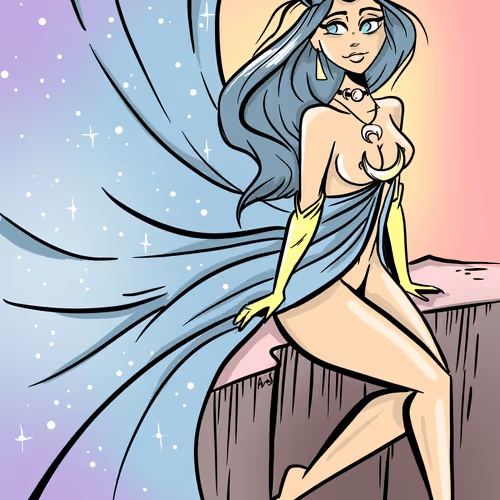 A digital illustration of a blue-haired woman in a flowing blue gown with yellow gloves, posed against a starry pastel sky.