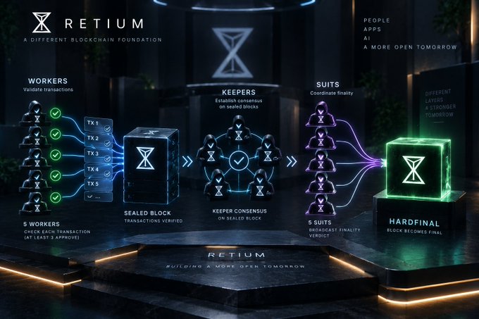 A digital infographic for 'RETIUM - A DIFFERENT BLOCKCHAIN FOUNDATION' illustrating a workflow diagram showing '5 WORKERS' validating transactions, 'KEEPERS' establishing consensus, and '5 SUITS' verifying to reach a 'HARDFINAL' block, with text 'BUILDING A MORE OPEN TOMORROW'.