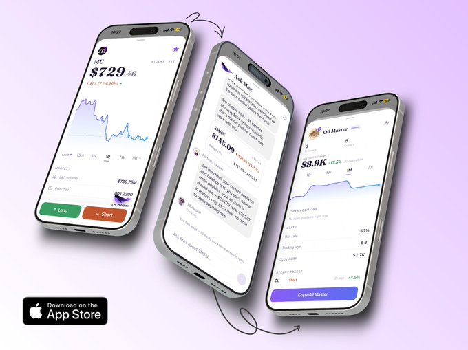 Three smartphones displayed at angles show a financial app interface featuring stock charts, news articles, and trading options, with a "Download on the App Store" button visible.