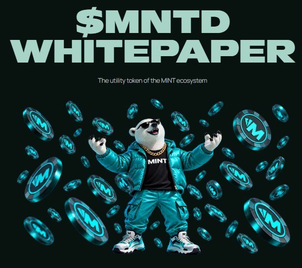 The cover image for the '$MNTD WHITEPAPER - The utility token of the MiNT ecosystem,' featuring the polar bear mascot in teal streetwear surrounded by glowing $M tokens.