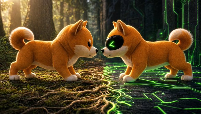 Two cute orange Shiba Inu-like dogs face each other; the left one is in a forest setting while the right one has a robotic face with a green eye, set against a neon background.