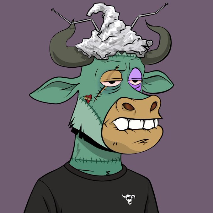 A cartoon illustration of a green bull-like creature with horns, stitched scars, one purple eye, and crumpled tinfoil on its head, wearing a black shirt with a bull skull logo.