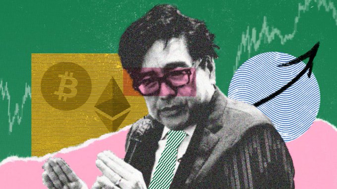 A stylized collage features a man in glasses and a suit gesturing with his hands, set against a green background with a rising stock chart, a Bitcoin logo, an Ethereum logo, and a fingerprint graphic pierced by an upward arrow. The colorful, graphic design visually reinforces the post's message about a dramatic Bitcoin price prediction, with the upward chart and crypto symbols symbolizing the bullish "$3,000,000" call.