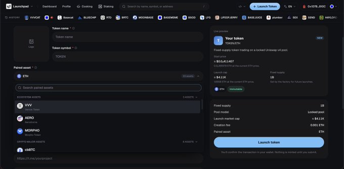The screenshot shows the o1.exchange Launchpad interface, displaying token launch configuration fields for "Token name" and "Token symbol," with "ETH" selected as the paired asset and an option to search for paired assets. The search results prominently feature Base ecosystem tokens including VVV (Venice Token), AERO (Aerodrome), and MORPHO (Morpho Token), aligning with the post's announcement about adding these Base assets for pairing on the platform.