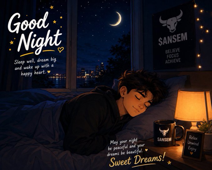 A "Good Night" illustration featuring an anime-style boy sleeping in bed by a window with a starry sky and crescent moon, accompanied by motivational text and a "SANSEM" mug and poster with the words "BELIEVE FOCUS ACHIEVE".