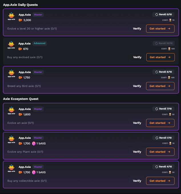 A dark-themed interface shows 'App.Axie Daily Quests' and 'Axie Ecosystem Quest' lists with tasks like 'Evolve a level 20 or higher axie' and rewards ranging from 670 to 2,000.