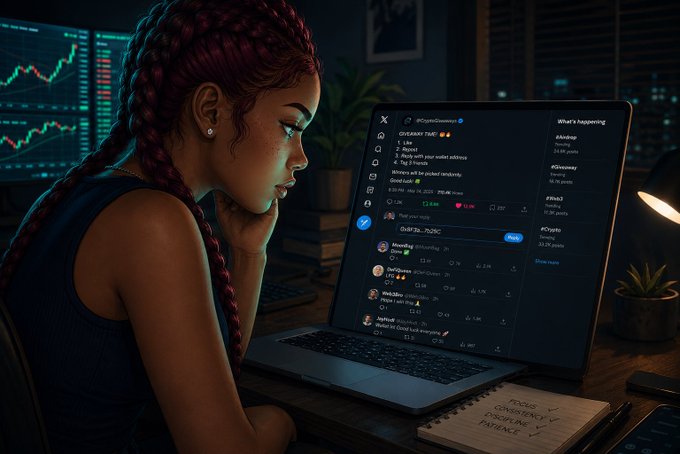 A young woman with red braided hair sits at a desk at night, illuminated by the glow of a laptop displaying a crypto/trading interface and a separate monitor showing charts.