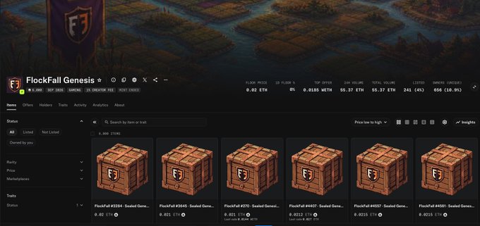 A marketplace interface for 'FlockFall Genesis' NFT collection displays wooden crate items with floor price of 0.02 ETH, top offer of 0.0185 WETH, and total volume of 55.37 ETH.