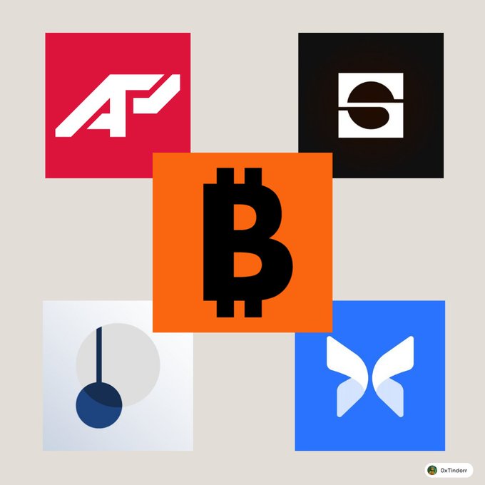 The image features five different logos for various companies or assets, including Bitcoin, AFT, STRC, and butterflies. The logos are arranged in a square grid format with each logo occupying its own space within the frame. The logos include a red "A" symbolizing Bitcoin, an orange "B" symbolizing Bitcoin, a black "S" symbolizing STRC, a blue "T" symbolizing butterflies, and a white circle representing a cryptocurrency exchange or wallet.