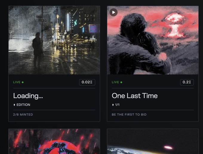 A dark-themed NFT marketplace interface displaying artwork listings including "Loading..." (Edition) and "One Last Time" with live bid indicators.