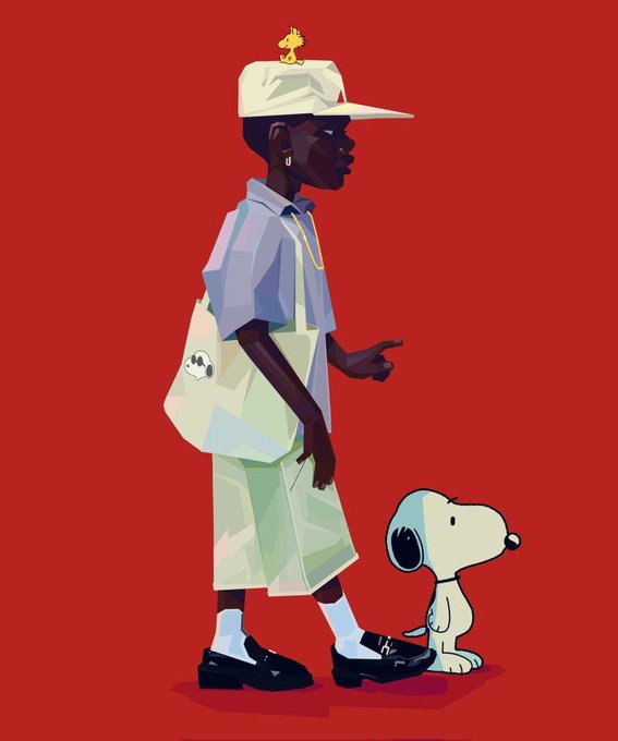 A stylized illustration of a person in streetwear, including a white cap with Woodstock, a short-sleeved shirt, shorts, and loafers, carrying a tote bag featuring Snoopy, with the beagle dog standing beside them on a red background.