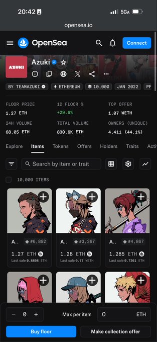 A mobile screenshot of OpenSea showing the Azuki NFT collection by Team Azuki on Ethereum, with a floor price of 1.27 ETH and various items displayed.