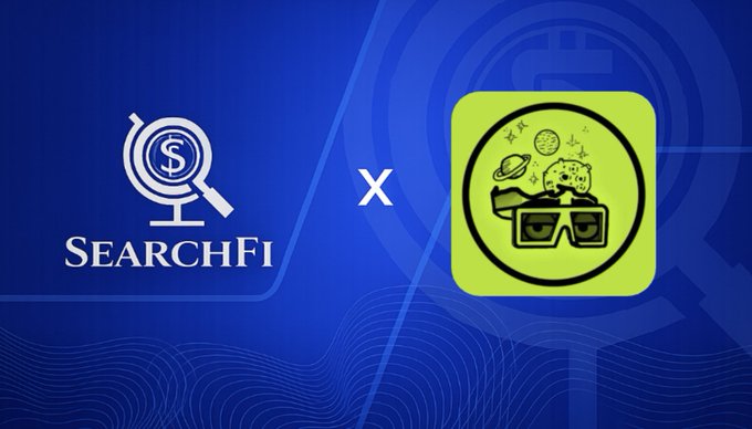 A promotional image showing 'SearchFi' logo on the left and a green icon featuring a dog wearing sunglasses and eating on the right, separated by an 'x' symbol on a blue background.