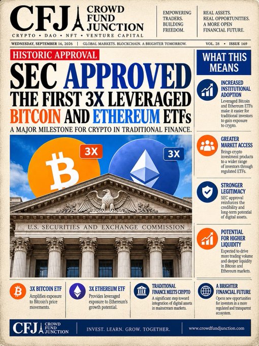 Front page of 'CFJA Crowd Fund Junction' newspaper dated Wednesday, September 16, 2026, with the headline 'SEC APPROVED THE FIRST 3X LEVERAGED BITCOIN AND ETHEREUM ETFs' over an image of the SEC building.