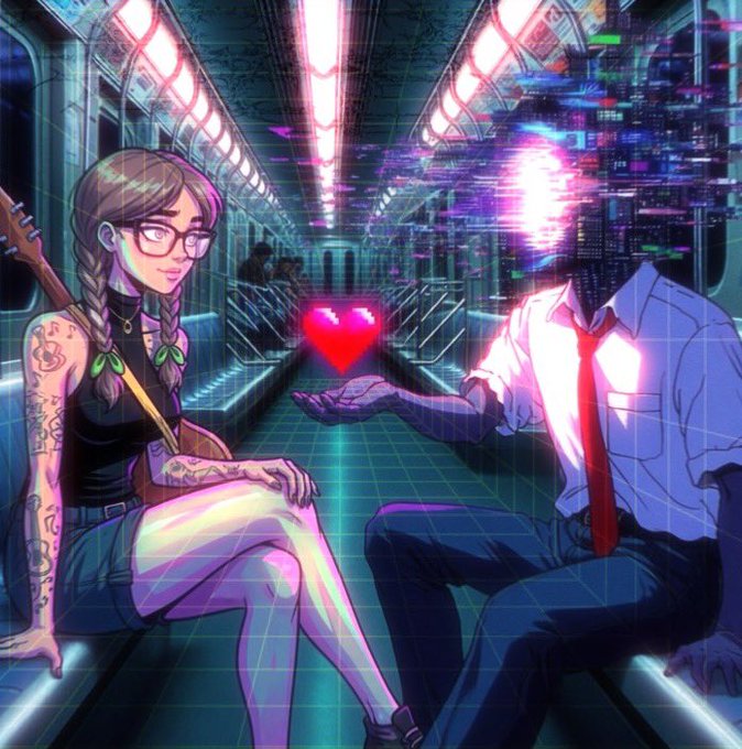 A vaporwave-style digital illustration of a tattooed anime girl with braids sitting in a subway car across from a glitchy, faceless figure in a shirt and tie, with a pixelated heart floating between them.