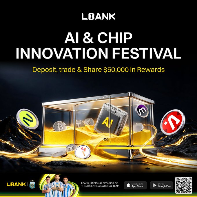 A promotional graphic for the LBANK "AI & CHIP INNOVATION FESTIVAL," advertising $50,000 in rewards for depositing and trading, featuring a glass display case with glowing gold and cryptocurrency coins surrounding an "AI" microchip, alongside the Argentina National Team sponsorship logos and app download links.