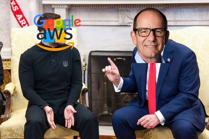 A photoshopped image shows two men seated in yellow chairs in an official setting; the man on the left has his face obscured by overlapping Google and AWS logos.