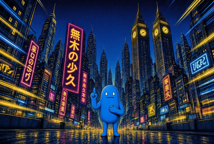 Digital artwork of a small blue blob character pointing upward, set against a neon cyberpunk cityscape with Asian characters on signs.