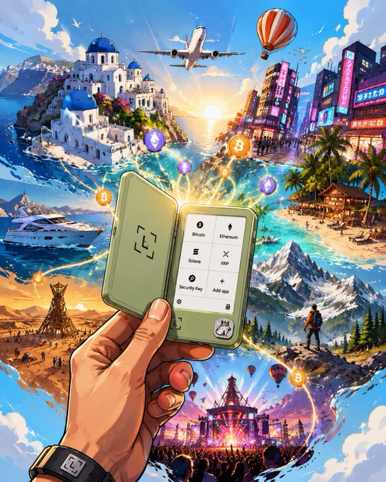 A vibrant digital illustration featuring a hand holding a Ledger crypto wallet displaying Bitcoin, Ethereum, Solana, and XRP, surrounded by travel imagery including Santorini, a yacht, Tokyo neon streets, a beach resort, mountains, the Eiffel Tower, and an airplane with floating Bitcoin coins.