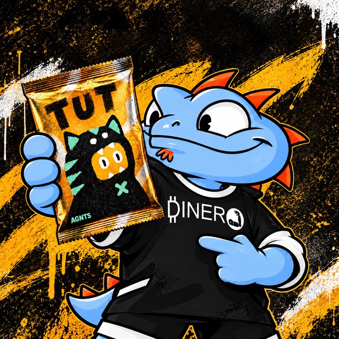 A blue cartoon dinosaur wearing a 'DINERO' t-shirt, holding a snack package labeled 'TUT AGNTS' against a yellow splattered background.