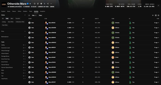 The image shows a computer screen displaying a list of items, including "Otherside Maras", with prices ranging from 5 to 10 dollars. The text "Not sure why some people are listing Otherside Maras at 5 dollars but thank you!" is also present in the image. This message seems to be directed towards someone who posted this item on their website or social media page for sale, possibly a seller of otherside maras.