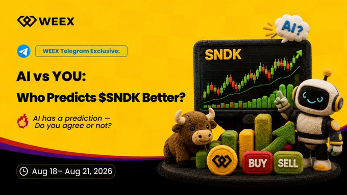 A bright yellow advertisement for WEEX features a 3D bull, a robot character, and a stock chart, promoting an 'AI vs YOU' prediction event for the ticker '$NDK'.