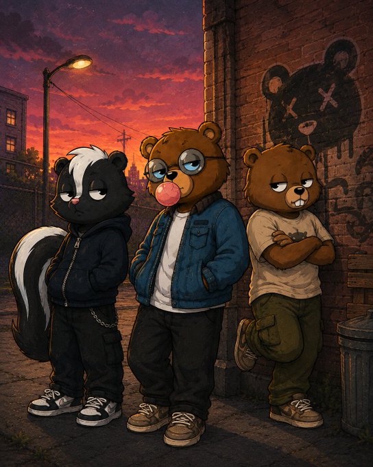 iced coffee shop scene with a red and orange sunset, featuring three cartoon bear characters on the sidewalk.