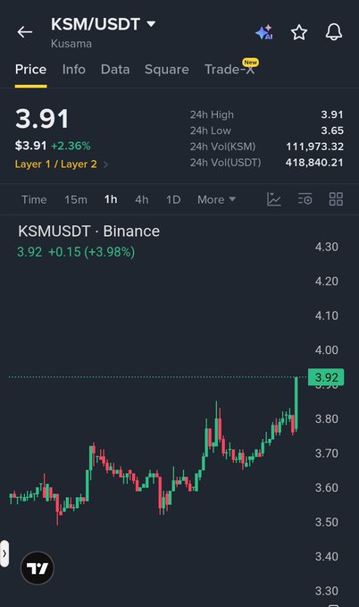 A Binance trading chart for KSM/USDT (Kusama) showing the current price at $3.91, up 2.36%, with 24h high of 3.91, 24h low of 3.65, and 24h volume of 111,973.32.