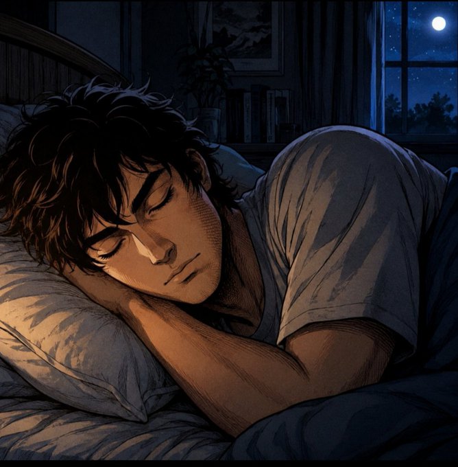 A digital illustration of a dark-haired young man sleeping peacefully in bed at night, with a full moon visible through the window.