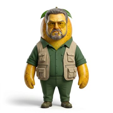 The image features a cartoon character dressed as a man, wearing a green vest and sunglasses, standing against a white background. The character has a large head with a beard and appears to be wearing a hat. There are also two bananas visible in the scene, one on top of the other. The post seems to be discussing the character's outfit or possibly an advertisement for a product related to the cartoon character.