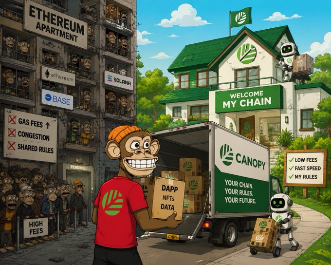 A cartoon illustration contrasting 'ETHEREUM APARTMENT' (showing congested, high-fee conditions) with a new 'CANOPY' chain featuring 'WELCOME MY CHAIN', 'LOW FEES', and 'YOUR CHAIN, YOUR RULES, YOUR FUTURE'.