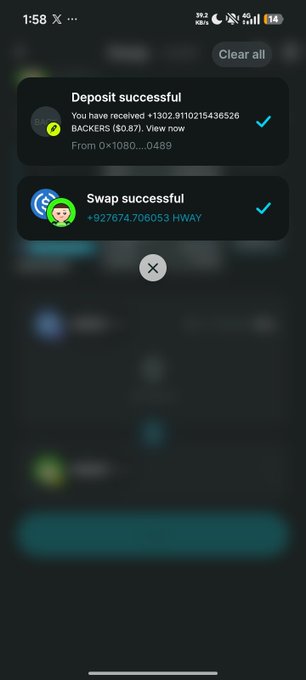 A mobile phone screenshot of a crypto wallet app showing notifications for 'Deposit successful' of +1302.9110215436526 BACKERS and 'Swap successful' of +927674.706053 HWAY.