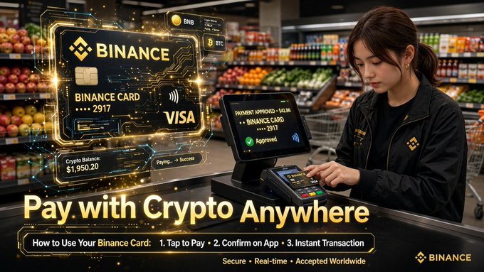 A Binance advertisement showing a cashier using a payment terminal with 'Binance Card' and 'Visa' branding, captioned 'Pay with Crypto Anywhere' and noting a crypto balance of $1,950.20.