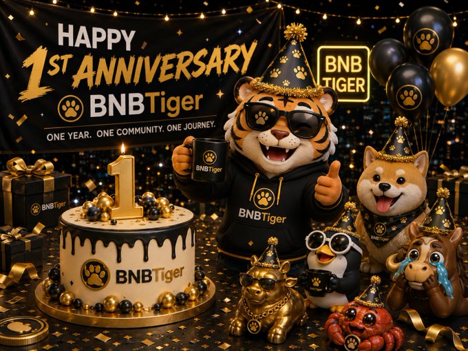 A festive promotional graphic celebrating 'HAPPY 1st ANNIVERSARY BNB Tiger' with the tagline 'ONE YEAR. ONE COMMUNITY. ONE JOURNEY,' featuring a tiger mascot and other animal characters in party hats around a BNB Tiger branded cake.