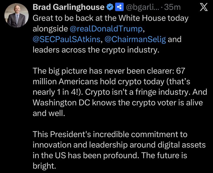 A screenshot of a tweet from Brad Garlinghouse (@bgarl... ) posted 35 minutes ago, reading: "Great to be back at the White House today alongside @realDonaldTrump, @SECPaulSAtkins, @ChairmanSelig and leaders across the crypto industry. The big picture has never been clearer: 67 million Americans hold crypto today (that's nearly 1 in 4!). Crypto isn't a fringe industry. And Washington DC knows the crypto voter is alive and well. This President's incredible commitment to innovation and leadership around digital assets in the US has been profound. The future is bright." The image shows the original source of the quote referenced in the accompanying post about Garlinghouse praising President Trump during a White House crypto industry meeting.