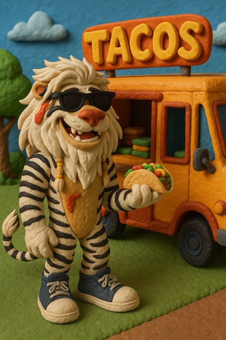 A claymation-style illustration of a smiling tiger character wearing sunglasses and sneakers, holding a taco next to a food truck labeled 'TACOS'.