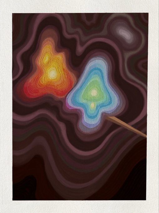 An abstract digital artwork featuring two glowing, topographical heat-map-like shapes—one red/orange and one blue/green—against a swirling dark maroon background with a wooden stick pointing at the blue shape.